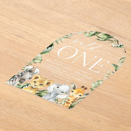 ジャングル動物，サファリ，ワイルドワン，最初の誕生日 アクリル招待状 (レイダウン)