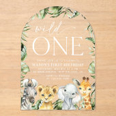 ジャングル動物，サファリ，ワイルドワン，最初の誕生日 アクリル招待状 (正面)
