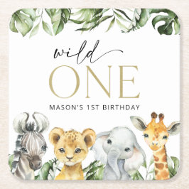 ジャングル動物，サファリ，ワイルドワン，最初の誕生日 スクエアペーパーコースター