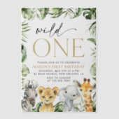 ジャングル動物,サファリ,ワイルドワン,最初の誕生日 ベラム紙招待状 (正面)