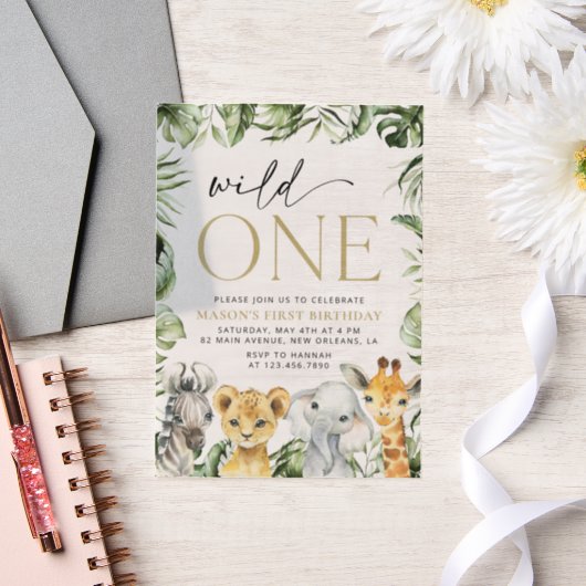 ジャングル動物,サファリ,ワイルドワン,最初の誕生日 ベラム紙招待状 (ウェディング)