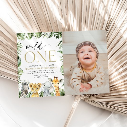 ジャングル動物，サファリ，ワイルドワン，最初の誕生日 招待状