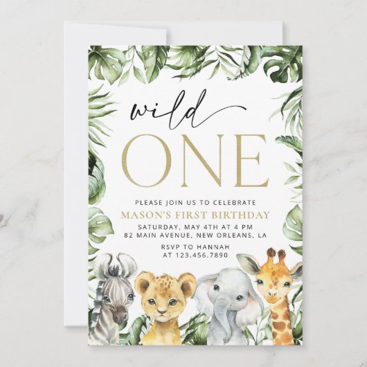 ジャングル動物,サファリ,ワイルドワン,最初の誕生日 招待状 (正面)
