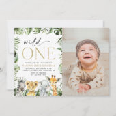 ジャングル動物，サファリ，ワイルドワン，最初の誕生日 招待状 (正面)