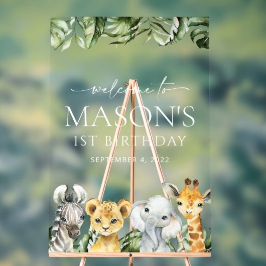 ジャングル動物，サファリ，ワイルドワン，誕生日歓迎 アクリルサイン (ニュートラル)