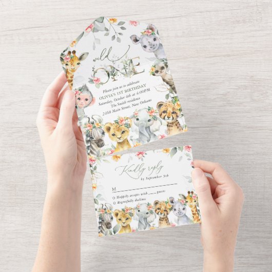 ジャングル動物,サファリ,花,最初の誕生日 オールインワン招待状 (貼ってはがせる)
