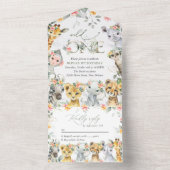 ジャングル動物,サファリ,花,最初の誕生日 オールインワン招待状 (内側)