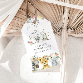 ジャングル動物，サファリ，花，最初の誕生日 ギフトタグ