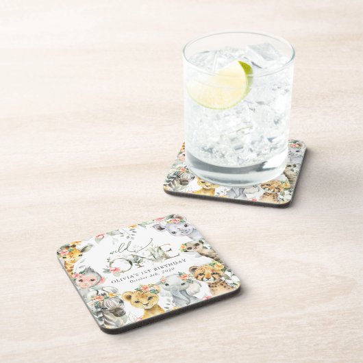 ジャングル動物，サファリ，花，最初の誕生日 コースター (右側)