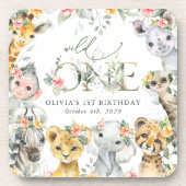 ジャングル動物，サファリ，花，最初の誕生日 コースター (正面)