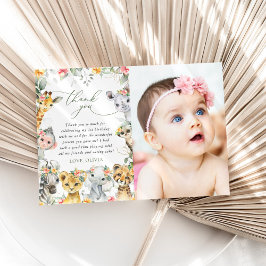 ジャングル動物，サファリ，花，最初の誕生日 サンキューカード