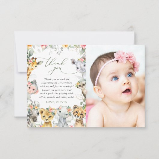 ジャングル動物,サファリ,花,最初の誕生日 サンキューカード (正面)