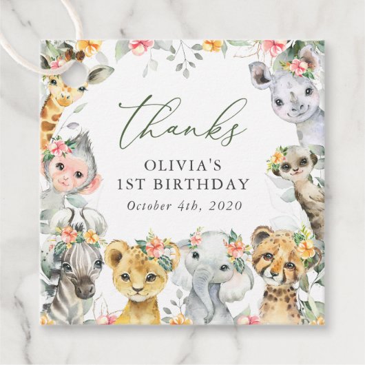 ジャングル動物,サファリ,花,最初の誕生日 フェイバータグ (正面)