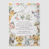 ジャングル動物,サファリ,花,最初の誕生日 ベラム紙招待状 (正面)