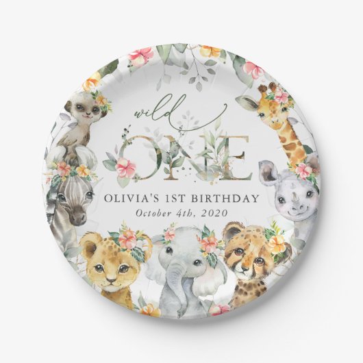 ジャングル動物,サファリ,花,最初の誕生日 ペーパープレート (正面)