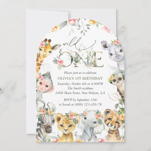 ジャングル動物,サファリ,花,最初の誕生日 招待状 (正面)