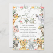 ジャングル動物，サファリ，花，最初の誕生日 招待状 (正面)