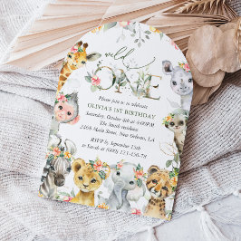 ジャングル動物，サファリ，花，最初の誕生日 招待状