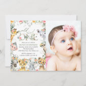 ジャングル動物，サファリ，花，最初の誕生日 招待状 (正面)