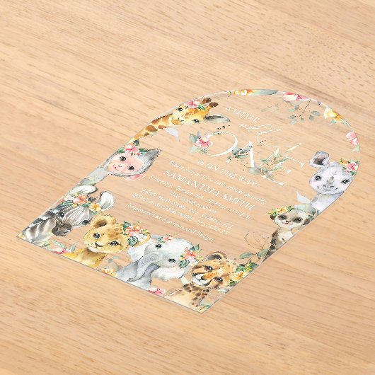 ジャングル動物,サファリ,花,赤ちゃんシャワー アクリル招待状 (レイダウン)