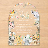 ジャングル動物,サファリ,花,赤ちゃんシャワー アクリル招待状 (正面)