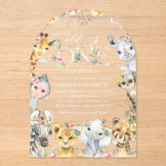 ジャングル動物,サファリ,花,赤ちゃんシャワー アクリル招待状 (正面)