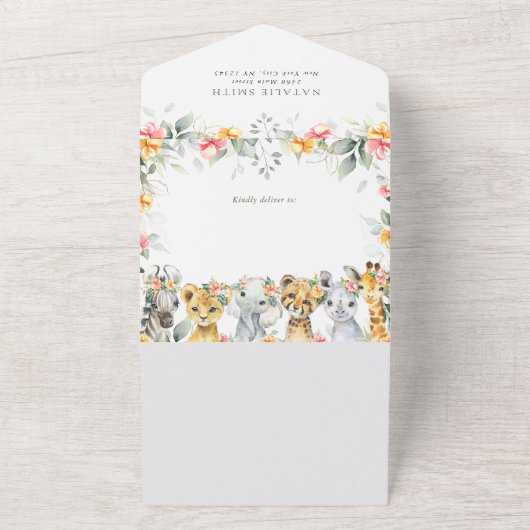 ジャングル動物,サファリ,花,赤ちゃんシャワー オールインワン招待状 (外側)