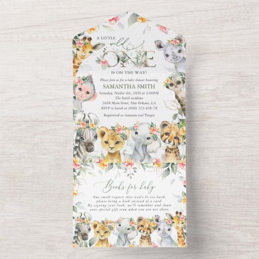 ジャングル動物,サファリ,花,赤ちゃんシャワー オールインワン招待状 (内側)