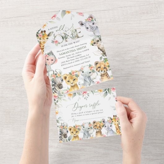 ジャングル動物,サファリ,花,赤ちゃんシャワー オールインワン招待状 (貼ってはがせる)