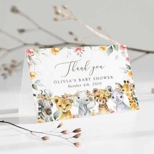 ジャングル動物,サファリ,花,赤ちゃんシャワー サンキューカード