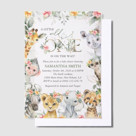 ジャングル動物,サファリ,花,赤ちゃんシャワー ベラム紙招待状 (オフセット)