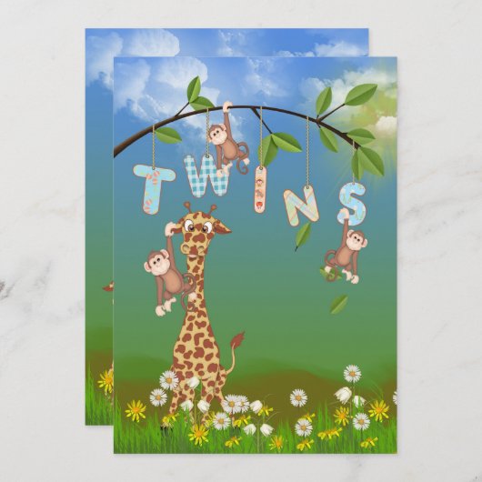 ジャングル双子ベビーシャワー 招待状 (正面/裏面)