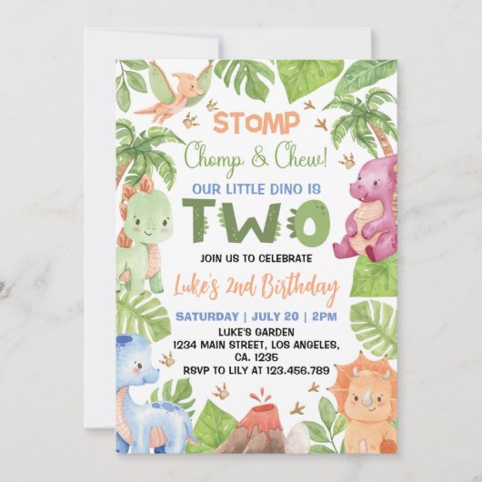 ジャングル恐竜かわいい男の子2nd誕生日招待状 招待状 (正面)