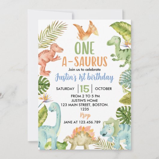 ジャングル恐竜の誕生日パーティーへの招待 招待状 (正面)