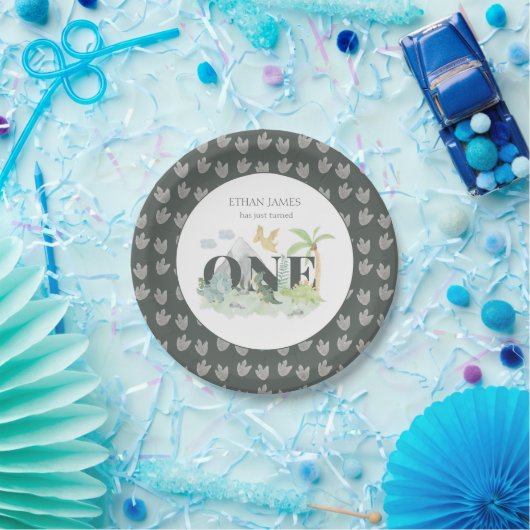 ジャングル恐竜ボーイ1st誕生日かわいい水色 ペーパープレート (パーティー)