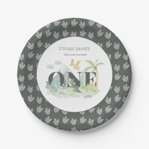 ジャングル恐竜ボーイ1st誕生日かわいい水色 ペーパープレート