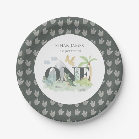 ジャングル恐竜ボーイ1st誕生日かわいい水色 ペーパープレート (正面)