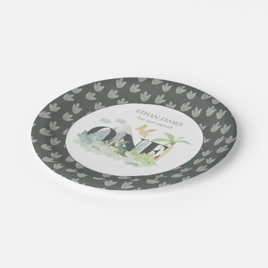 ジャングル恐竜ボーイ1st誕生日かわいい水色 ペーパープレート (アングル)