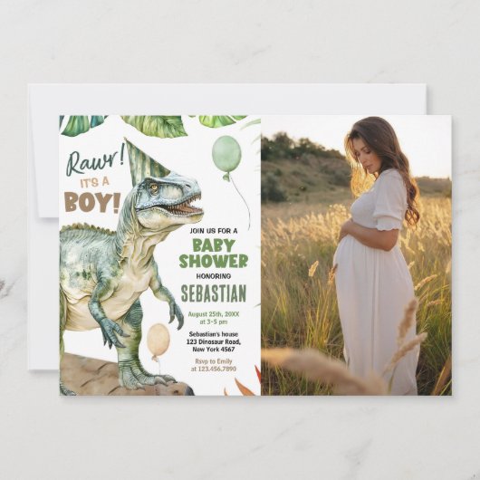 ジャングル恐竜Tレックス男の赤ちゃんシャワーフォト 招待状 (正面)