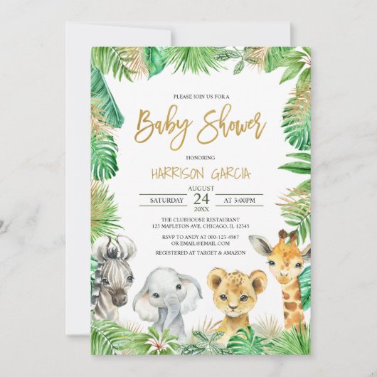 ジャングル熱帯サファリ動物のベビーシャワー 招待状 (正面)
