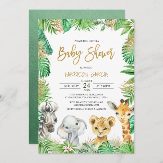 ジャングル熱帯サファリ動物のベビーシャワー 招待状 (正面/裏面)