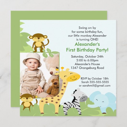 ジャングル猿の写真の誕生日の招待状 招待状 (正面/裏面)