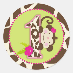 ジャングル猿の最初誕生日のカップケーキの上層のピンク ラウンドシール