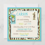 ジャングル猿の最初誕生日の招待状の青 招待状 (裏面)