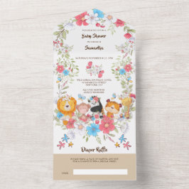 ジャングル産の赤ちゃん動物かわいいサファリ熱帯パーティー オールインワン招待状