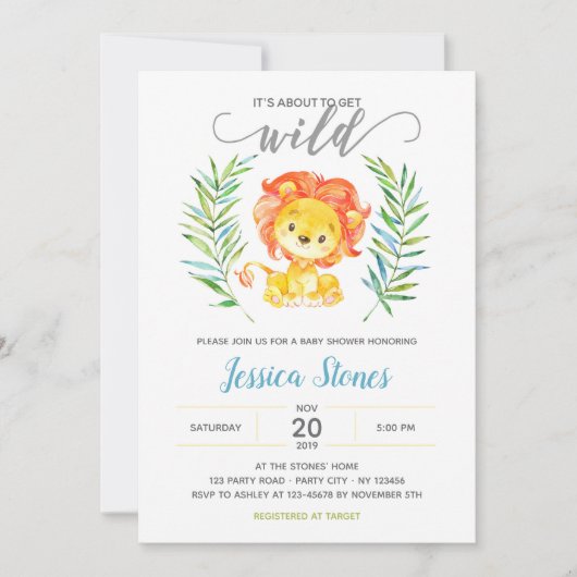 ジャングル男の赤ちゃんシャワー招待状(ライオン) 招待状 (正面)