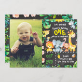 ジャングル男の赤ちゃんファースト誕生日サファリ動物園 招待状 (正面/裏面)