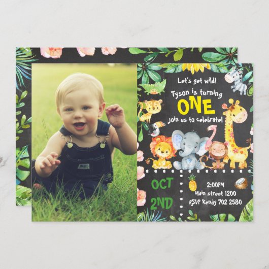 ジャングル男の赤ちゃんファースト誕生日サファリ動物園 招待状 (正面/裏面)
