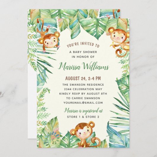 ジャングル男女兼用の赤ちゃんシャワー 招待状 (正面/裏面)