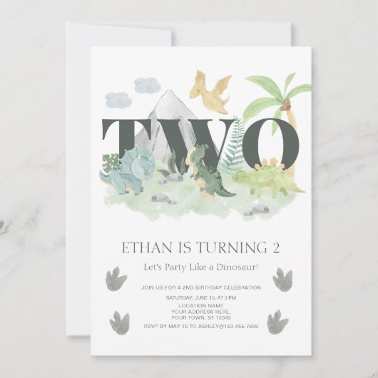 ジャングル第2バースデーウォーターカラー恐竜パーティー 招待状 (正面)